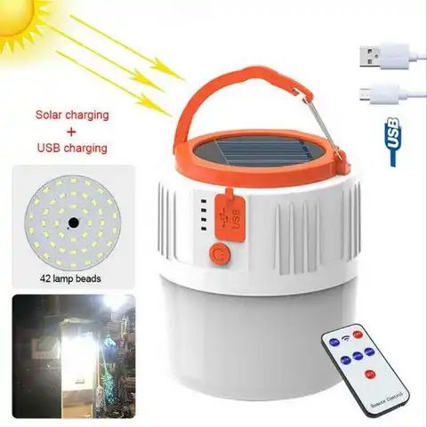42 LED Solar Powered Remote Control USB Camping Lantern Bulb