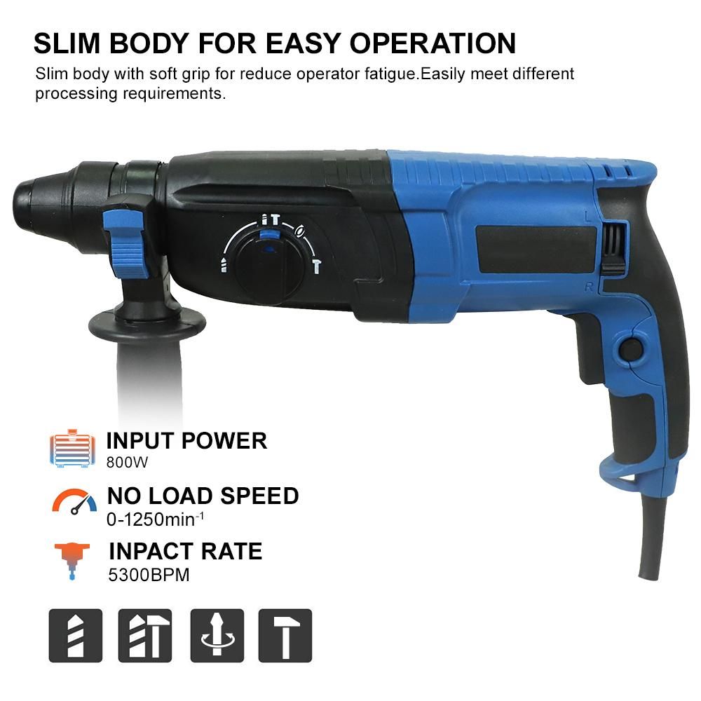 Rotary Hammer Drill with 4 modes,  800W 7 Amp Corded Variable Speed Rotomartillo for Concrete - Including 3 Drill Bits, Flat Chisel, Point Chisel, Carrying Case