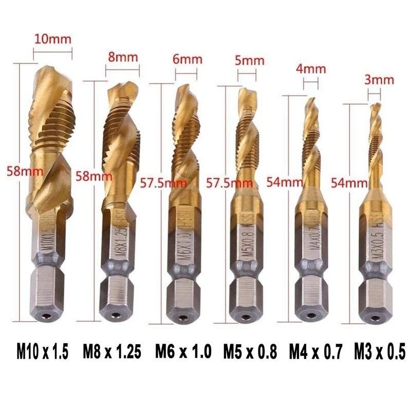 1/4 inch HSS Spiral Hex Shank Combination Drill Screw Tap Bit Set (M3-M10) With Automatic Spring Loaded Center Punch Tool