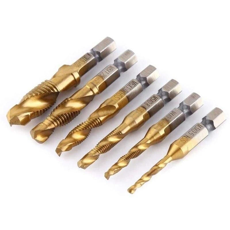 1/4 inch HSS Spiral Hex Shank Combination Drill Screw Tap Bit Set (M3-M10) With Automatic Spring Loaded Center Punch Tool
