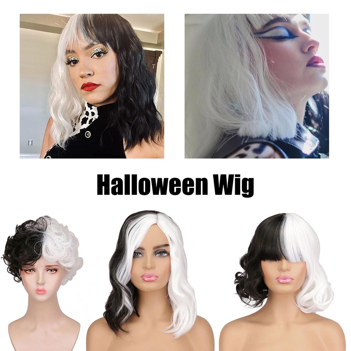 Black and White Wig Short Wavy Synthetic Wigs Short Wavy Over Shoulder Length Women Full Bang Heat Resistant  for Halloween Magic Show Cosplay