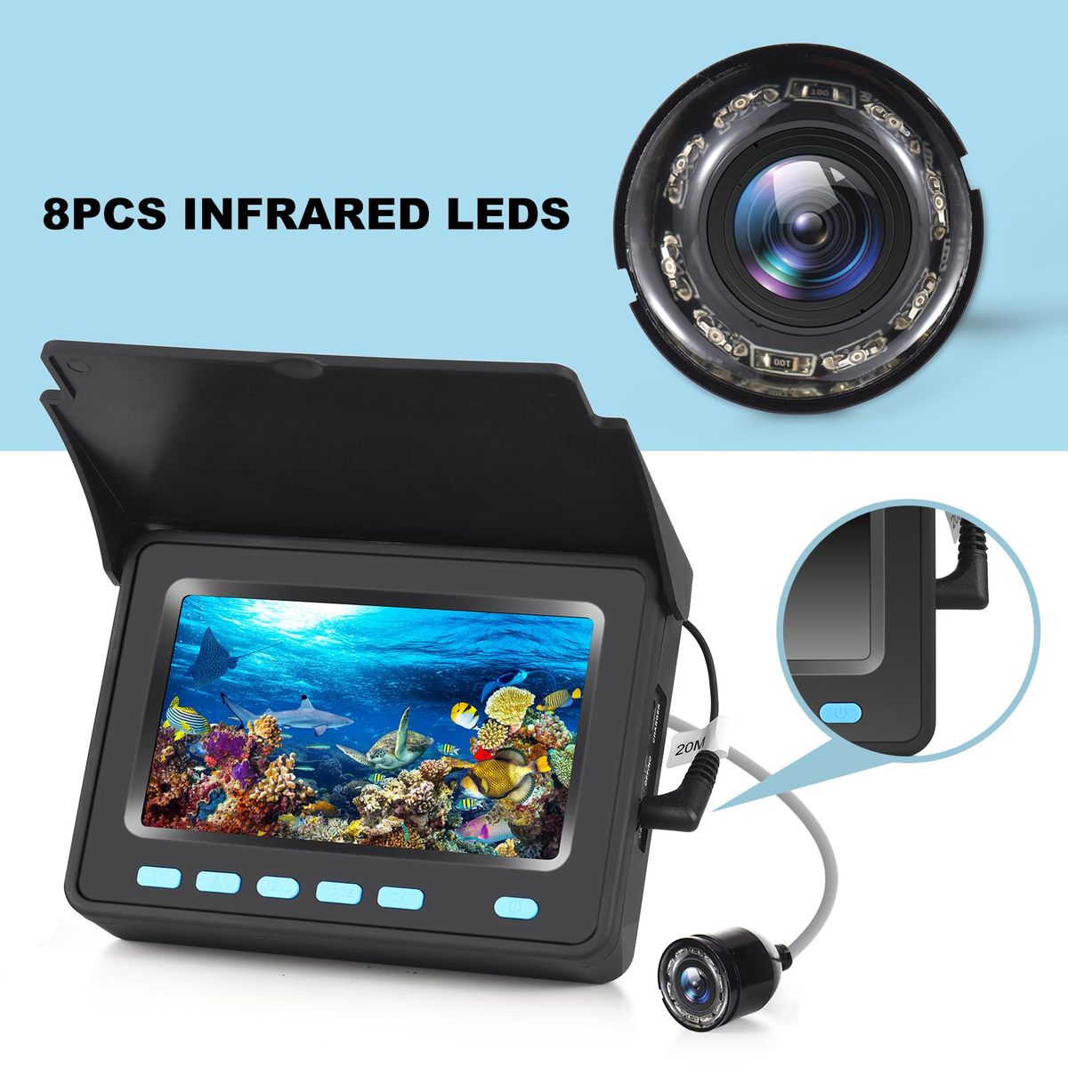20M/30M 1200TVL Underwater Fishing Camera Fish Finder 4.3'' LCD Monitor 8PCS IR LED Night Vision Camera for Ice Boat Fishing