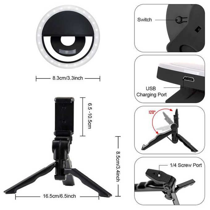 Tripod Stand Ring Light Phone Selfie Stick Spin Desktop Stabilizer Phone Clip Black One Size