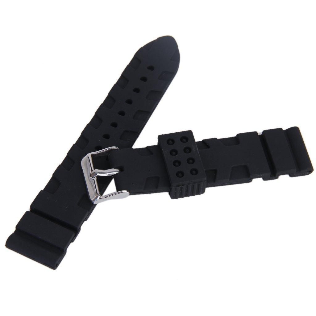 Black Silicone Rubber Watch Bracelet Band Curved Stainless