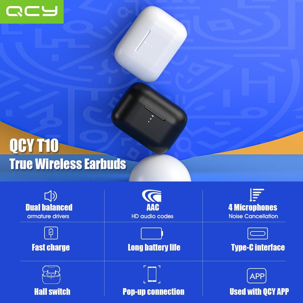 QCY T10 True Wireless Earbuds BT Headphones Dual Balanced Armature Drivers 4 Microphones Noise Cancellation Touch Control IPX5 Waterproof Sports Headphones for Gaming Sports Gym