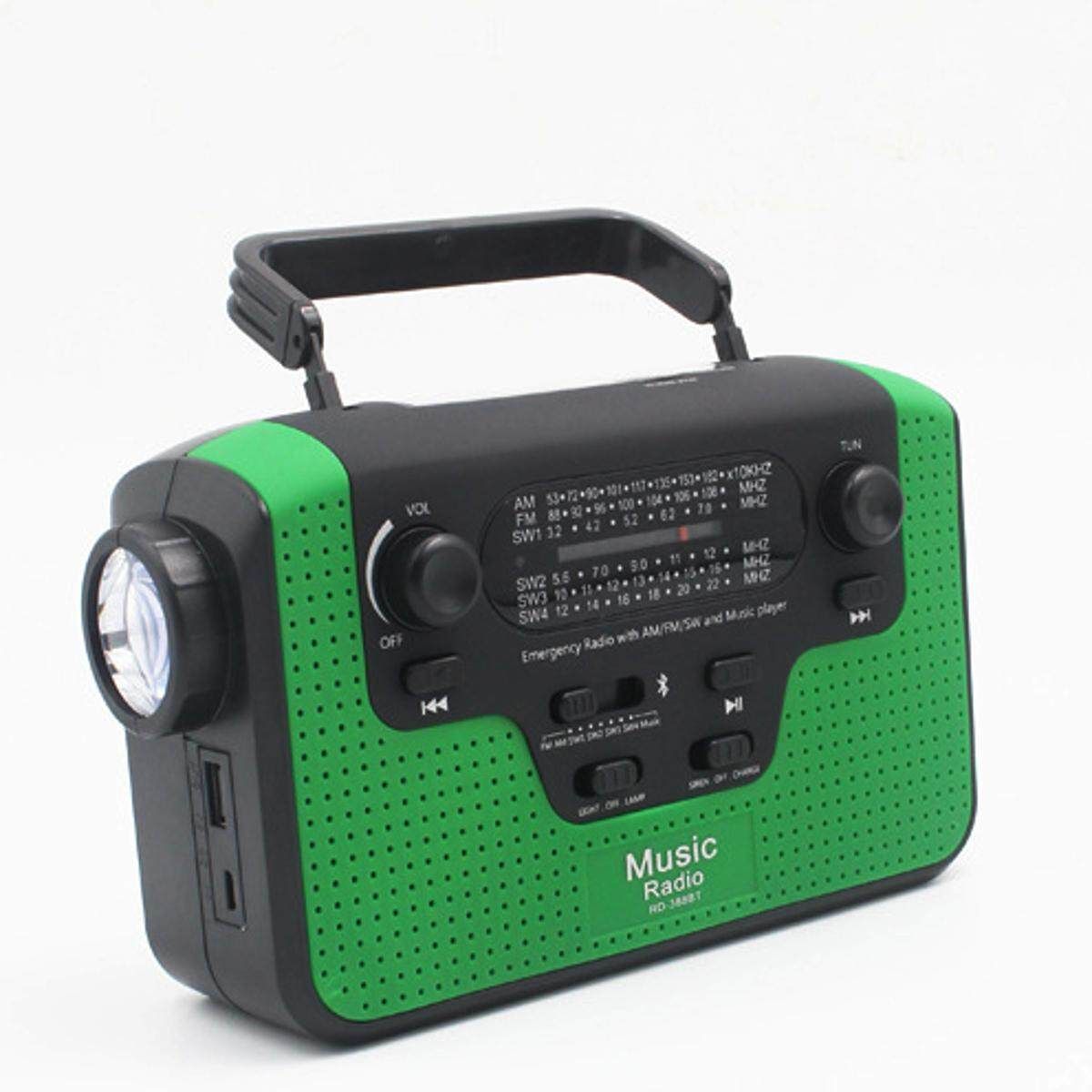 FM/AM/SW Solar Hand Crank Emergency Radio USB Bluetooth Speaker LED Flashlight Green Green (green)