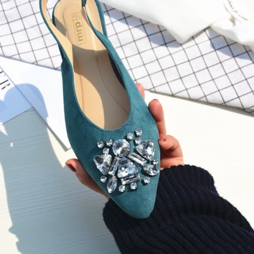 Women Rhinestone Flat Shoe - Teal Green