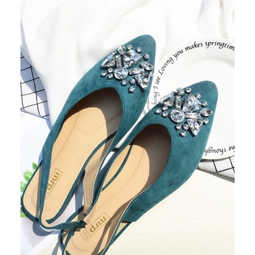 Women Rhinestone Flat Shoe - Teal Green