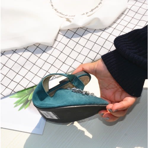 Women Rhinestone Flat Shoe - Teal Green