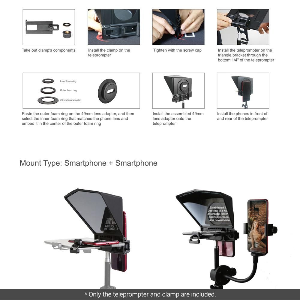 Smartphone/Tablet/DSLR Camera Teleprompter Prompter with Remote Control Lens Adapters Cleaning Cloth Supports Wide Angle Lens for Stage Speech Live Streaming Online Video Vlog