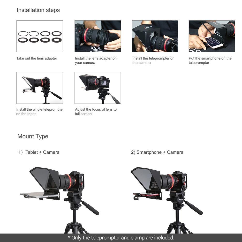 Smartphone/Tablet/DSLR Camera Teleprompter Prompter with Remote Control Lens Adapters Cleaning Cloth Supports Wide Angle Lens for Stage Speech Live Streaming Online Video Vlog
