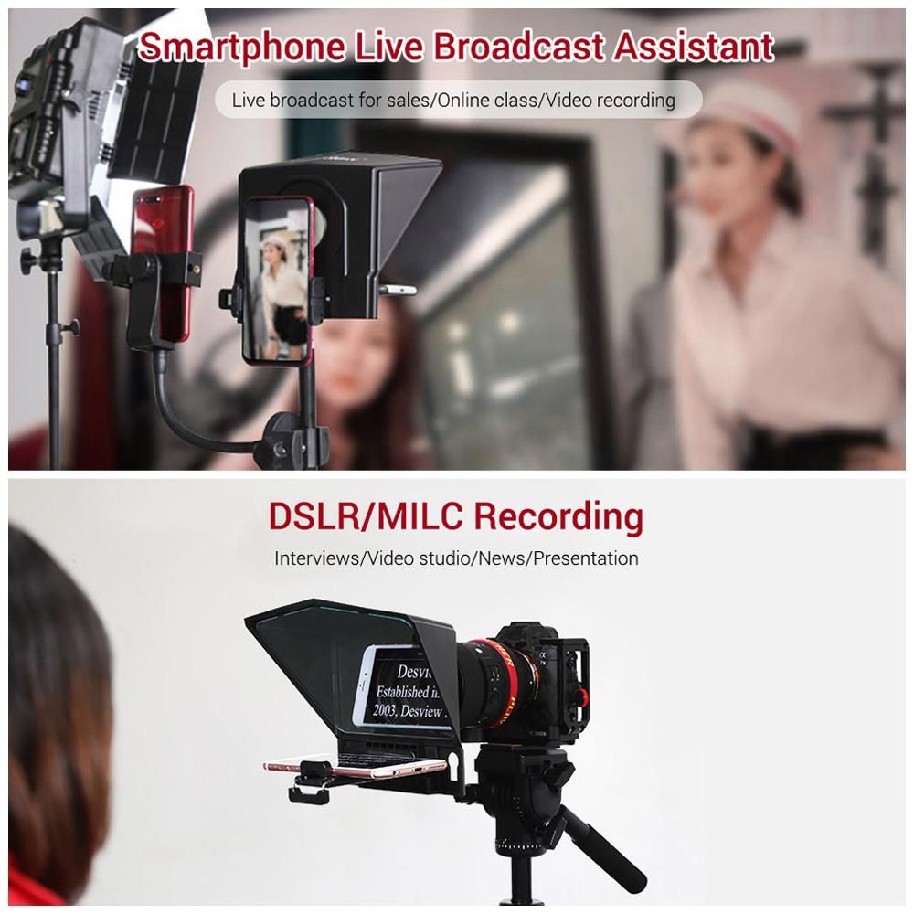 Smartphone/Tablet/DSLR Camera Teleprompter Prompter with Remote Control Lens Adapters Cleaning Cloth Supports Wide Angle Lens for Stage Speech Live Streaming Online Video Vlog