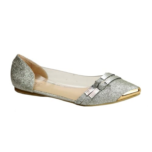 Ladies Flat Shoe With Golden Design - Silver