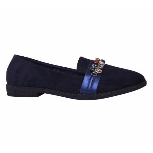 Ladies Suede Flat Loafers - Navy