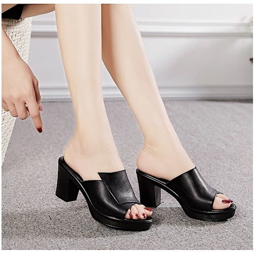 Leather Summer Slippers - Black