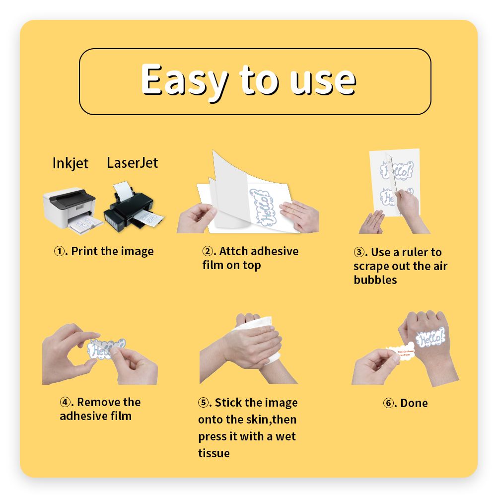 Printable Temporary Customized Tattoo Paper For Inkjet & Laserjet Printers 9.0 A4 10 Pieces