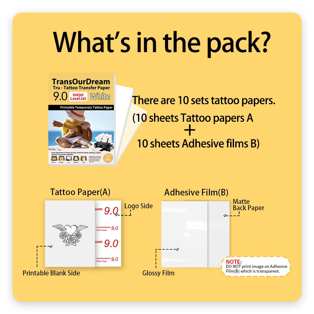 Printable Temporary Customized Tattoo Paper For Inkjet & Laserjet Printers 9.0 A4 10 Pieces