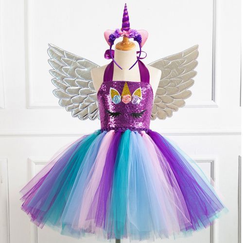 Girls' Puffy Dress [Halloween*Net Yarn*Sequins*Free Wings]- 449 Silver