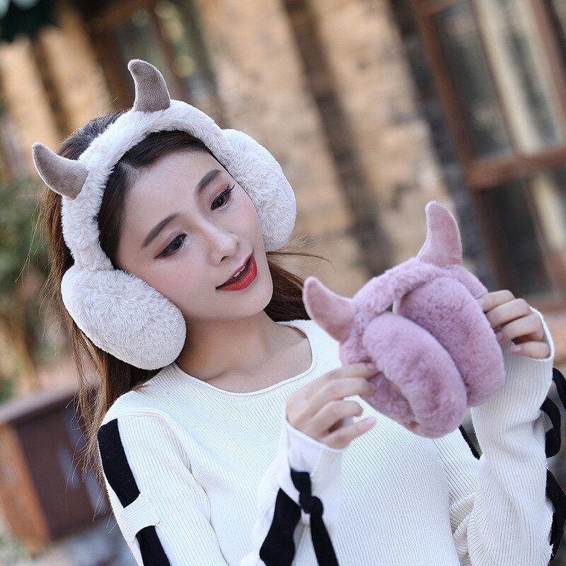 Winter Furry Earmuff Women Horns Headband Earmuff Warmer Mu