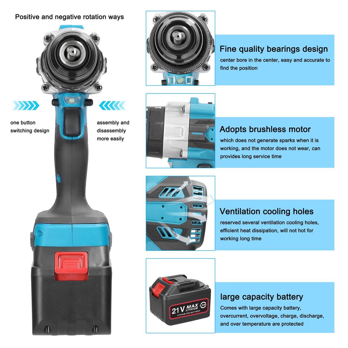 Household 80Nm Multifuctional 21V Electric Drill 2 Speed Control 3 Working Modes Stepless Speed Regulation Rotation Ways Adjustment 20 Gears of Torques Adjustable Mini Screwdriver