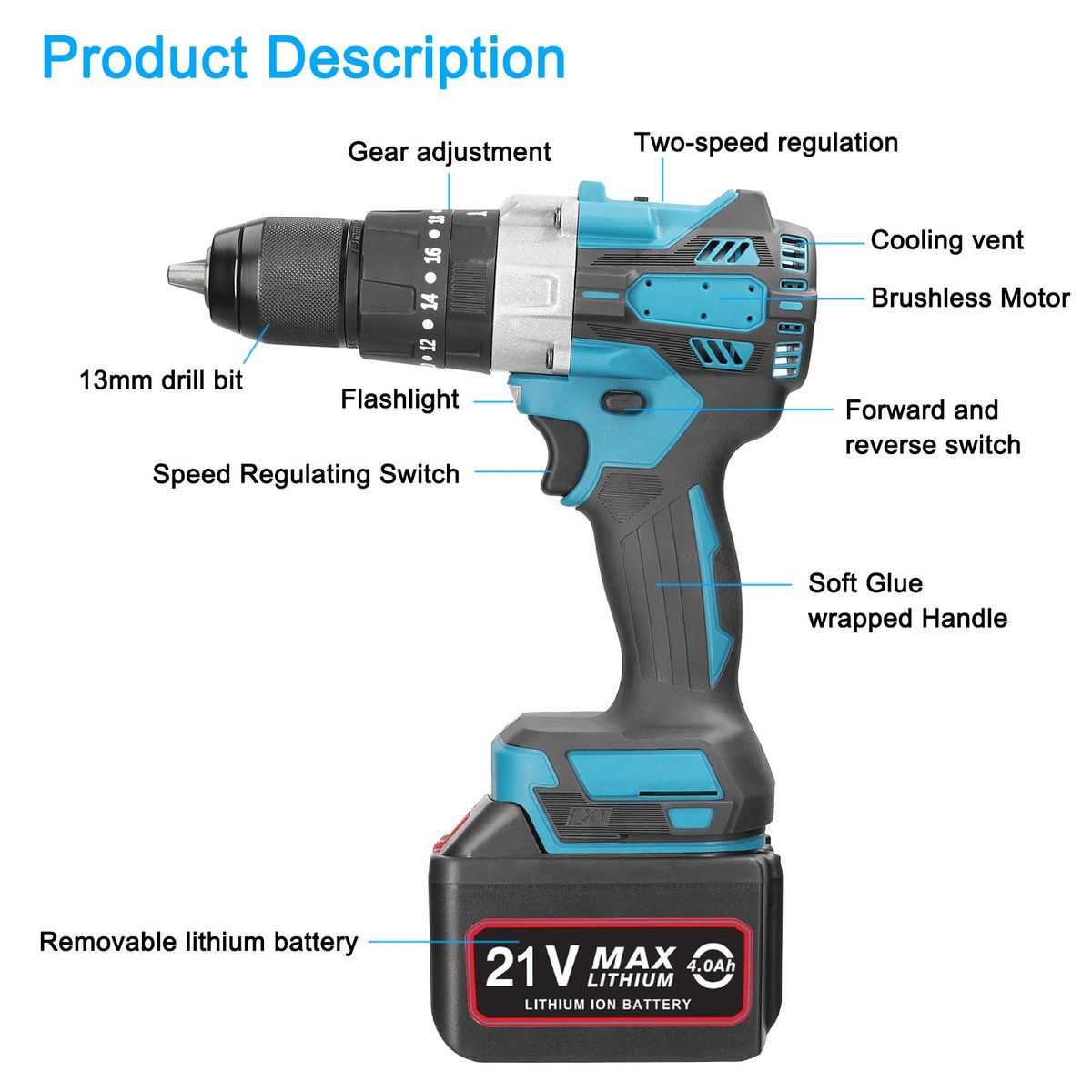 Household 80Nm Multifuctional 21V Electric Drill 2 Speed Control 3 Working Modes Stepless Speed Regulation Rotation Ways Adjustment 20 Gears of Torques Adjustable Mini Screwdriver