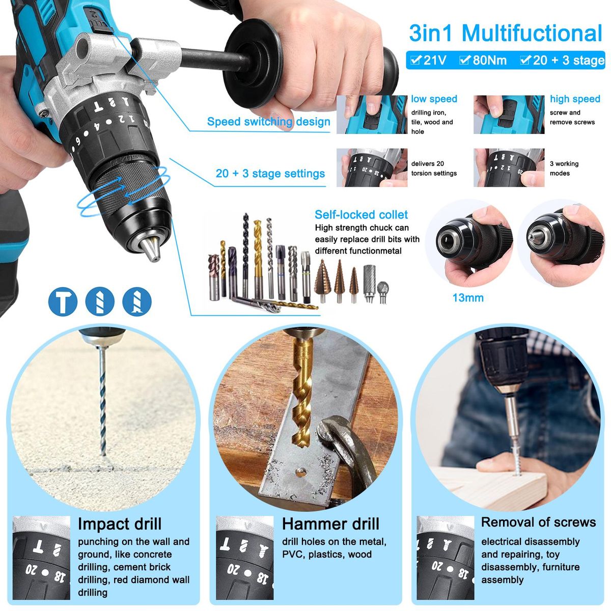 Household 80Nm Multifuctional 21V Electric Drill 2 Speed Control 3 Working Modes Stepless Speed Regulation Rotation Ways Adjustment 20 Gears of Torques Adjustable Mini Screwdriver