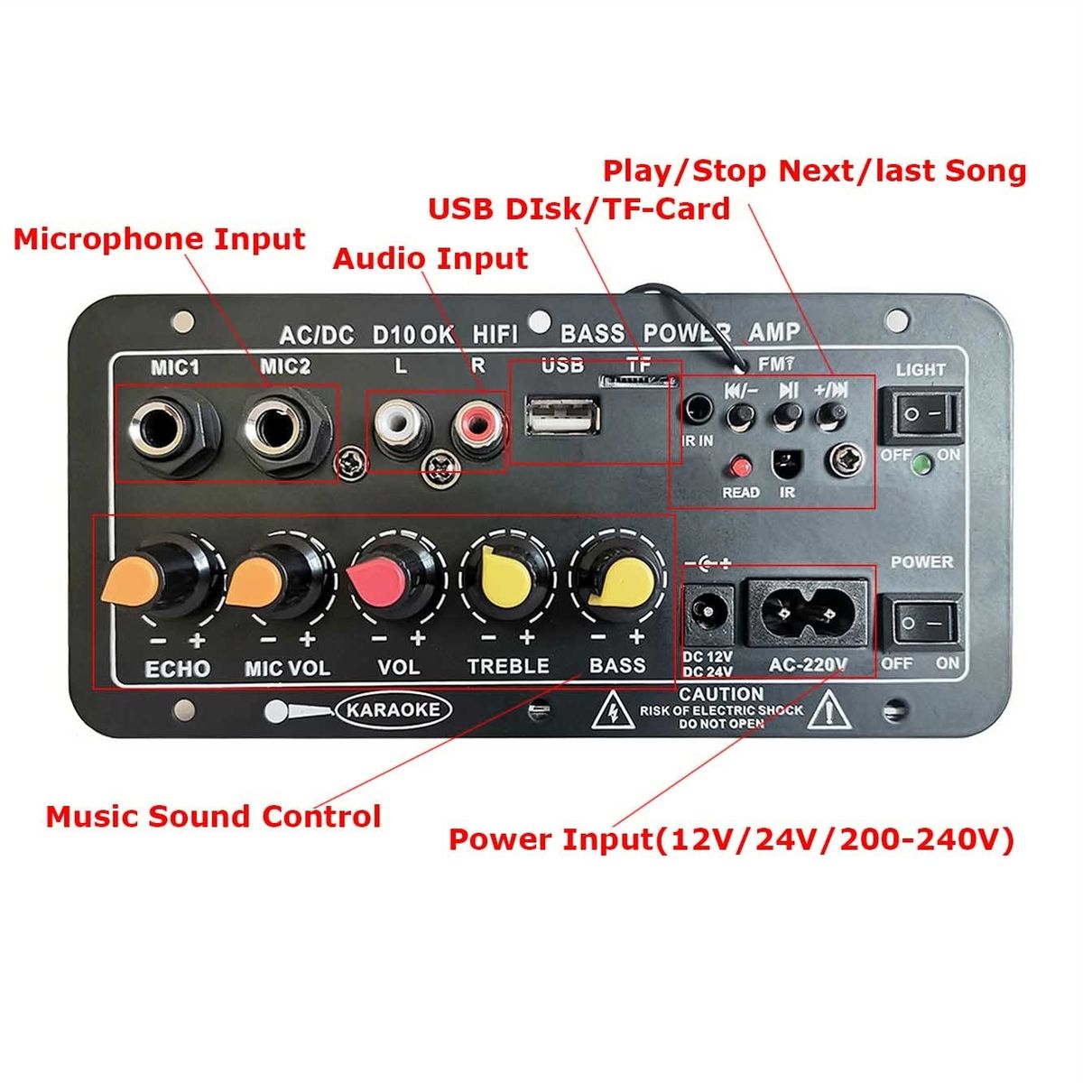 AC 220V 12v 24v Digital Bluetooth Stereo Amplifier Board Subwoofer Dual Microphone Karaoke Amplifiers For 8-12 Inch Speaker