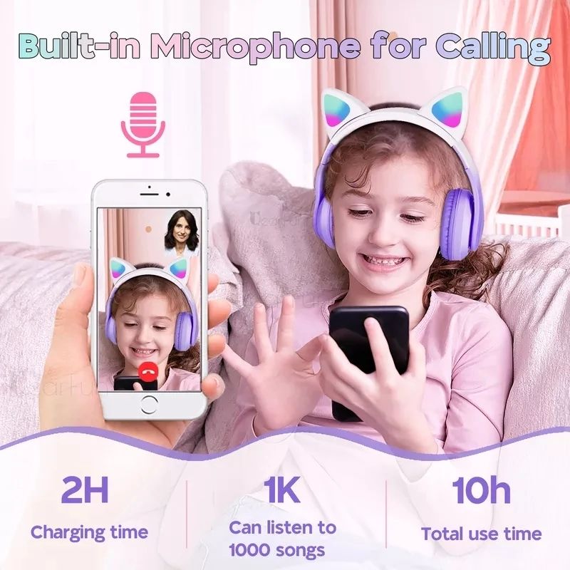 LED Light Gradient Cute Cat Ear Bluetooth Headphones