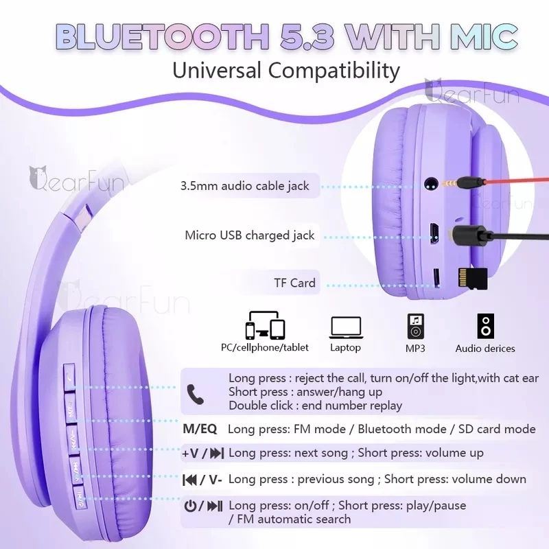 LED Light Gradient Cute Cat Ear Bluetooth Headphones