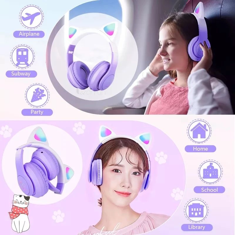 LED Light Gradient Cute Cat Ear Bluetooth Headphones