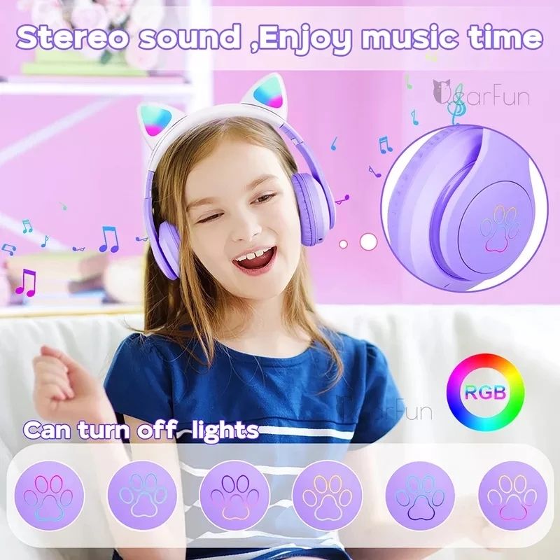 LED Light Gradient Cute Cat Ear Bluetooth Headphones