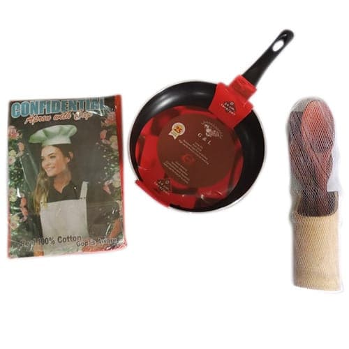 22cm Non Stick Frying Pan - Wooden Spoon - Apron & Cap