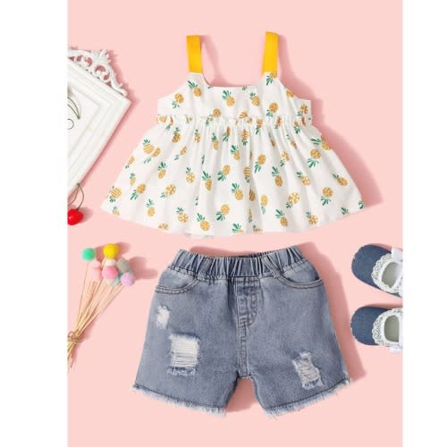 Two Pieces Baby Girl Pineapple Pattern Set Cami Top And Ripped Denim Short