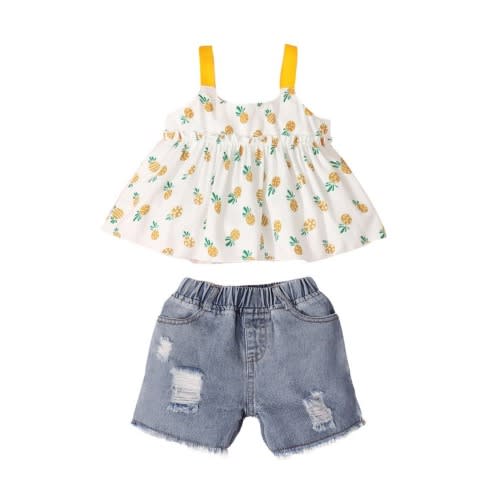 Two Pieces Baby Girl Pineapple Pattern Set Cami Top And Ripped Denim Short