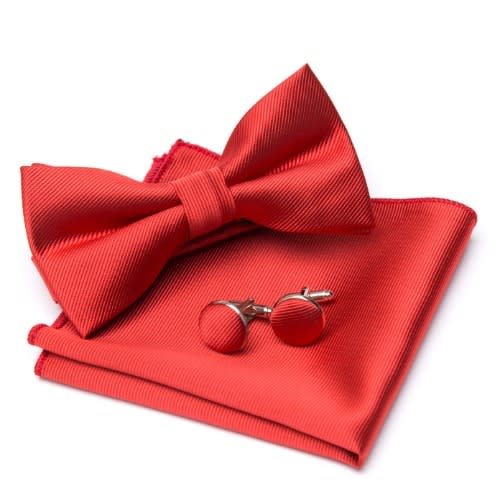 Plain Silky Bowtie  With Cufflinks And Pocket Square - Red