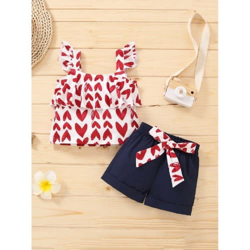 3 Pieces Kid Girl Love Heart Print Flutter Sleeve Top And Shorts Set
