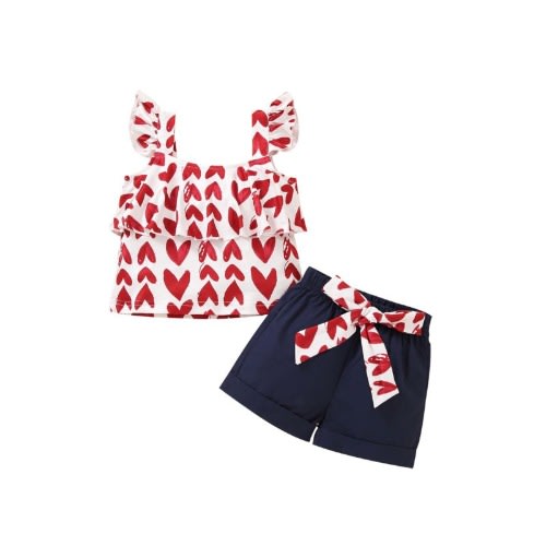 3 Pieces Kid Girl Love Heart Print Flutter Sleeve Top And Shorts Set