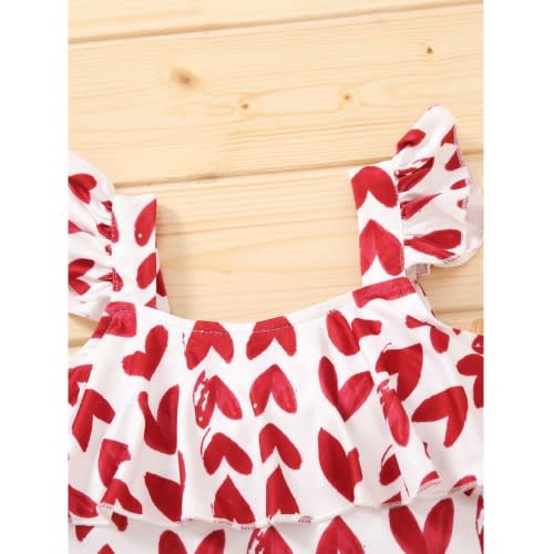 3 Pieces Kid Girl Love Heart Print Flutter Sleeve Top And Shorts Set