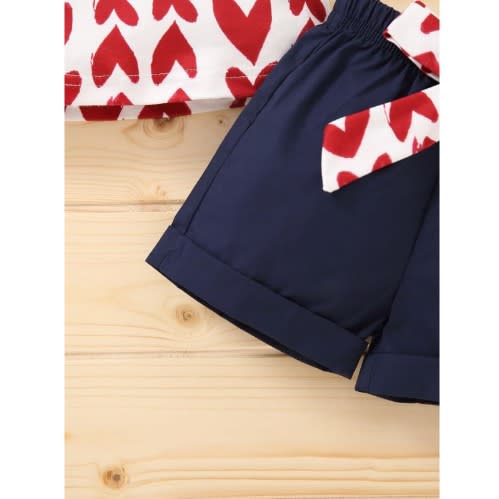 3 Pieces Kid Girl Love Heart Print Flutter Sleeve Top And Shorts Set