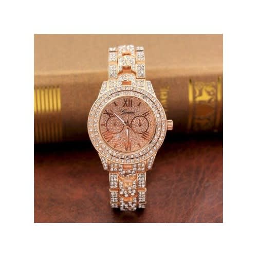 Geneva Women's Iced Stones Strap Bracelet Watch- Rose Gold