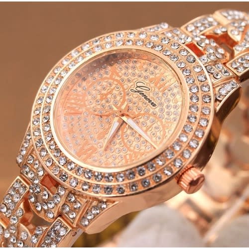 Geneva Women's Iced Stones Strap Bracelet Watch- Rose Gold