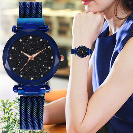 Women's Mesh Magnet Buckle Quartz Wristwatch blue