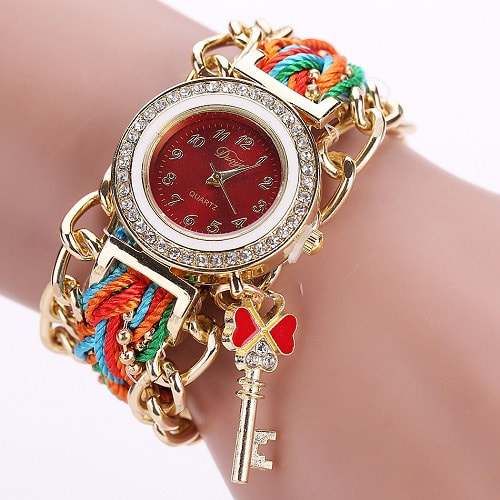 Women's Rhinestone Clover Key Pendant Braided Chain Bracelet Watch - Multicolour