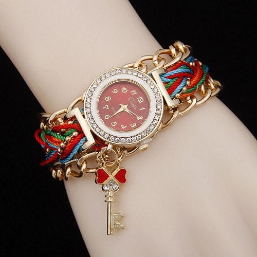 Women's Rhinestone Clover Key Pendant Braided Chain Bracelet Watch - Multicolour
