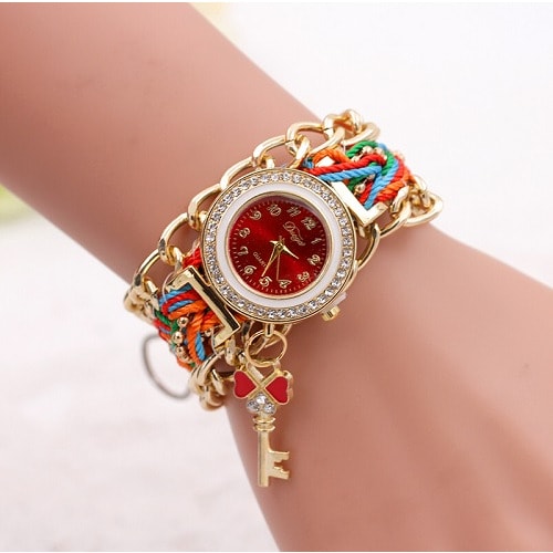 Women's Rhinestone Clover Key Pendant Braided Chain Bracelet Watch - Multicolour