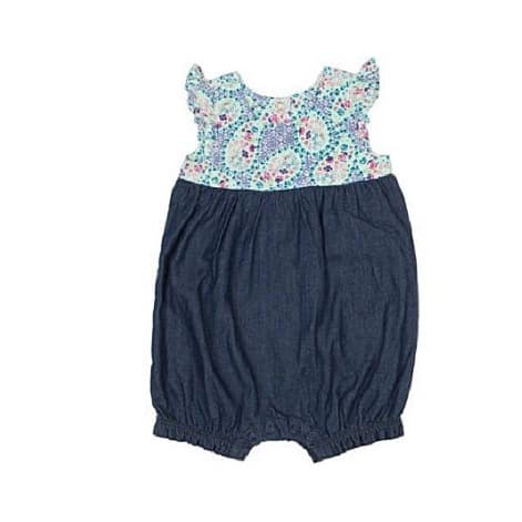 Baby Girl Floral Mixed Denim Romper- Blue