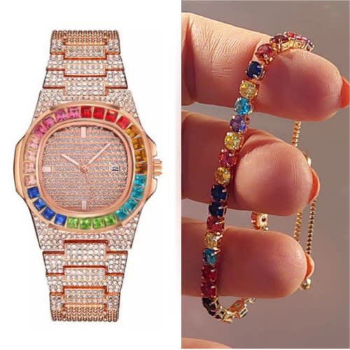 Multicolor Rhinestone Wristwatch With Bracelet