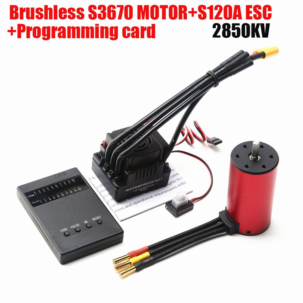 S3670 2850KV Brushless Motor Sensorless Waterproof Motor and 120A Brushless ESC XT60 Plug Programming Card Replacement for HSP HPI Traxxas 1/8 RC Car Truck