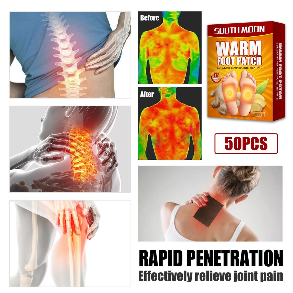 SOUTH MOON 50Pcs/Box Foot Patches Full Body Application Relieve Joint Pain Winter Essentials