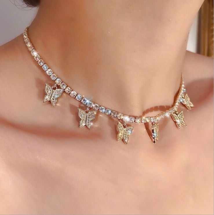 Gold Butterfly Link Necklace 5 Pendants 2new